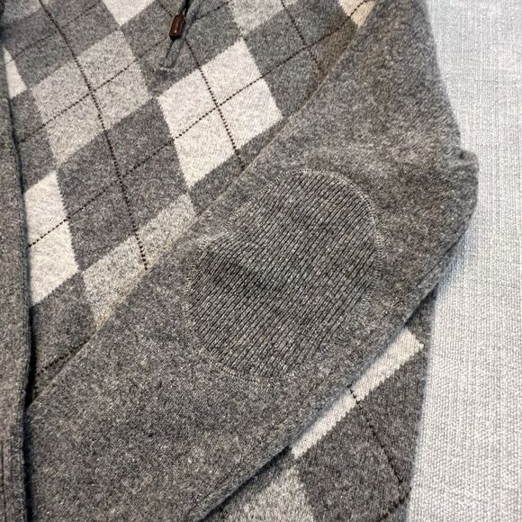 J Crew Mens L 100% Lambs Wool Gray White Argyle Sweater High 1/4 Zip Pullover - Picture 3 of 5